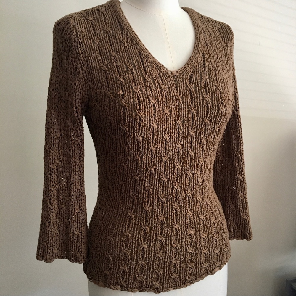 Ribbon Yarn Crochet V-neck with Bell Sleeve